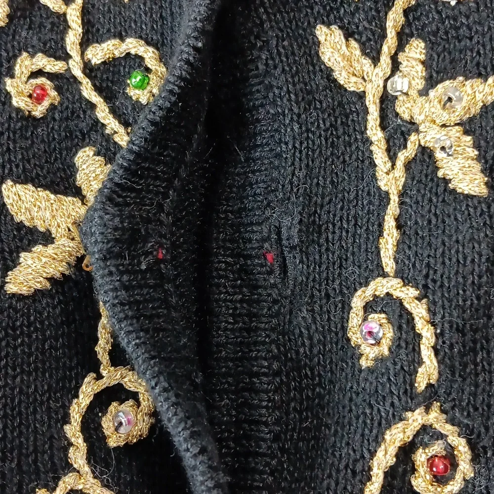 Arriviste Woman Black Cardigan Sweater w/ Shiny Gold Embroidery & Beads Size XXL